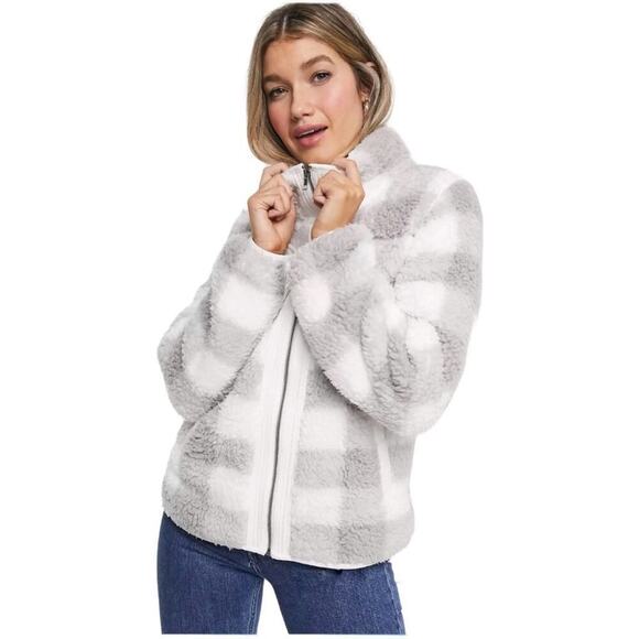 A&F Sherpa Check Fleece Plaid Full Zip Jacket Coat Gray and White Size Medium - Picture 16 of 16
